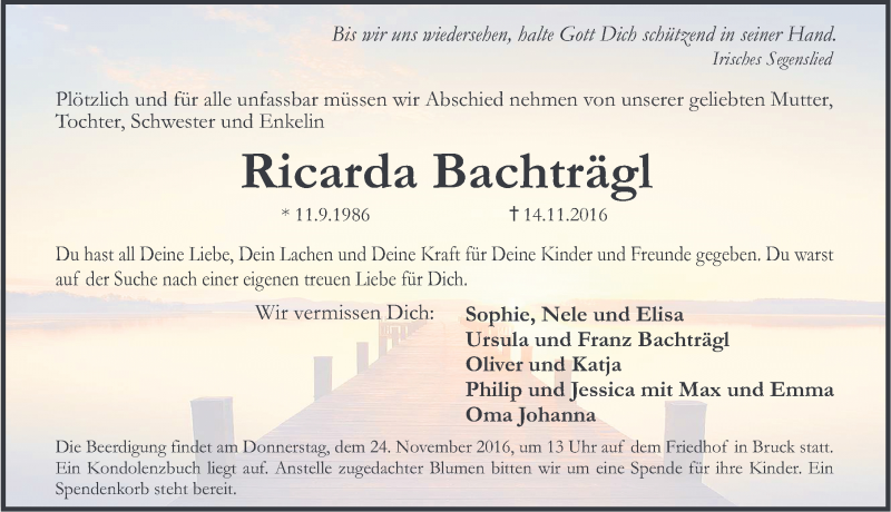  Traueranzeige für Ricarda Bachträgl vom 19.11.2016 aus Erlanger Nachrichten Lokal