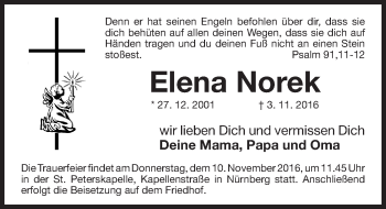 Traueranzeige von Elena Norek von Gesamtausgabe Nürnberger Nachrichten/ Nürnberger Ztg.