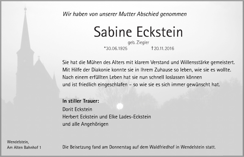  Traueranzeige für Sabine Eckstein vom 26.11.2016 aus Roth-Hilpoltsteiner Volkszeitung Lokal