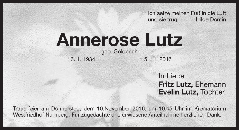  Traueranzeige für Annerose Lutz vom 08.11.2016 aus Gesamtausgabe Nürnberger Nachrichten/ Nürnberger Ztg.