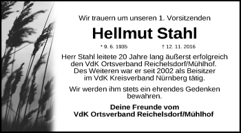 Traueranzeige von Hellmut Stahl von Gesamtausgabe Nürnberger Nachrichten/ Nürnberger Ztg.