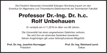 Traueranzeige von Rolf Unbehauen von Gesamtausgabe Nürnberger Nachrichten/ Nürnberger Ztg.