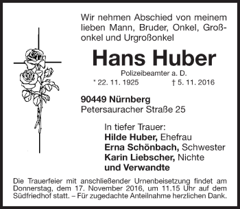 Traueranzeige von Hans Huber von Gesamtausgabe Nürnberger Nachrichten/ Nürnberger Ztg.