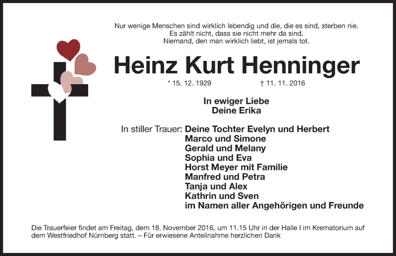  Traueranzeige für Heinz Kurt Henninger vom 16.11.2016 aus Gesamtausgabe Nürnberger Nachrichten/ Nürnberger Ztg.