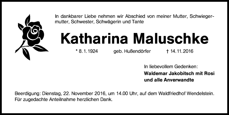  Traueranzeige für Katharina Maluschke vom 19.11.2016 aus Schwabach