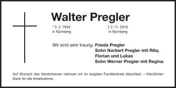 Traueranzeige von Walter Pregler von Gesamtausgabe Nürnberger Nachrichten/ Nürnberger Ztg.