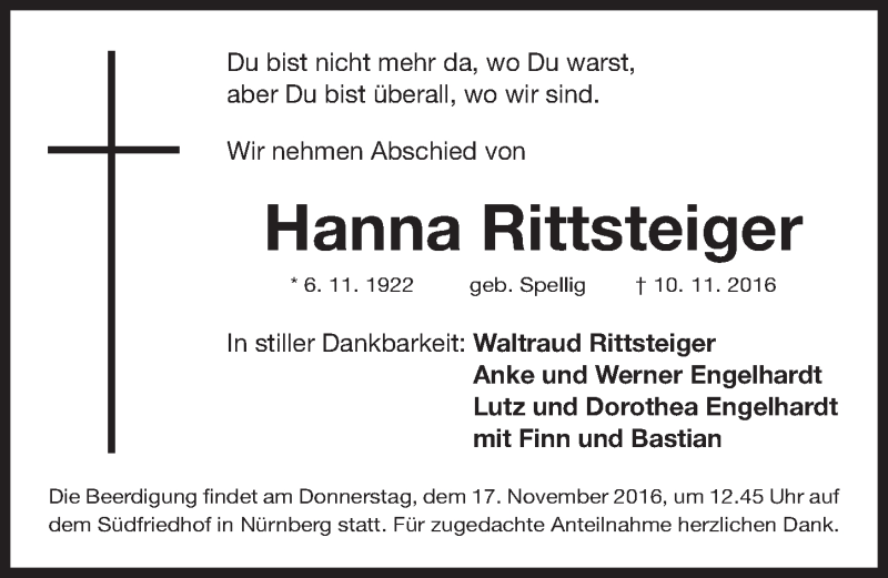  Traueranzeige für Hanna Rittsteiger vom 14.11.2016 aus Gesamtausgabe Nürnberger Nachrichten/ Nürnberger Ztg.
