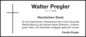 Traueranzeige von Walter Pregler von Gesamtausgabe Nürnberger Nachrichten/ Nürnberger Ztg.