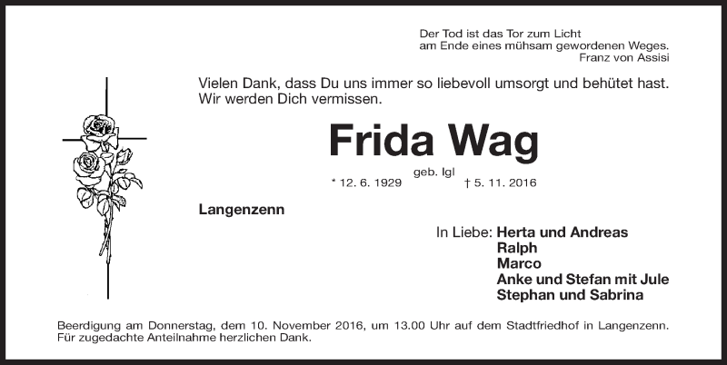  Traueranzeige für Frida Wag vom 07.11.2016 aus Fürther Nachrichten Lokal