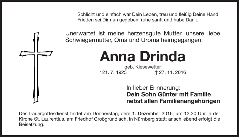  Traueranzeige für Anna Drinda vom 30.11.2016 aus Gesamtausgabe Nürnberger Nachrichten/ Nürnberger Ztg.