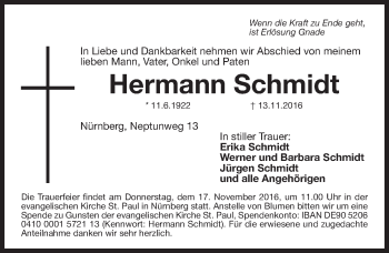 Traueranzeige von Hermann Schmidt von Gesamtausgabe Nürnberger Nachrichten/ Nürnberger Ztg.