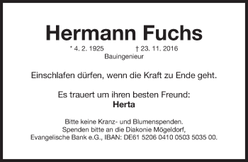 Traueranzeige von Hermann Fuchs von Gesamtausgabe Nürnberger Nachrichten/ Nürnberger Ztg.