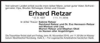 Traueranzeige von Erhard Retzar von Gesamtausgabe Nürnberger Nachrichten/ Nürnberger Ztg.