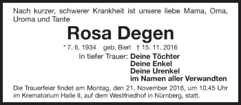 Traueranzeige von Rosa Degen von Gesamtausgabe Nürnberger Nachrichten/ Nürnberger Ztg.
