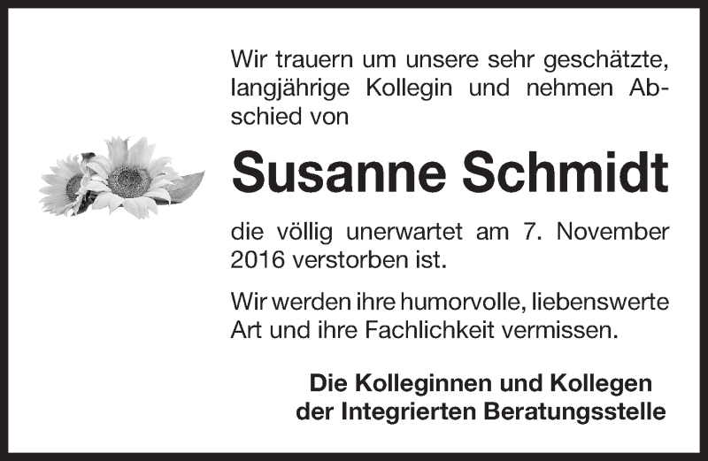  Traueranzeige für Susanne Schmidt vom 11.11.2016 aus Erlanger Nachrichten Lokal