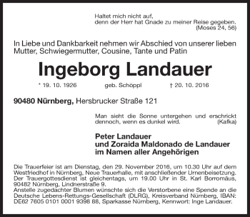 Traueranzeige von Ingeborg Landauer von Gesamtausgabe Nürnberger Nachrichten/ Nürnberger Ztg.