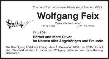 Traueranzeige von Wolfgang Feix von Gesamtausgabe Nürnberger Nachrichten/ Nürnberger Ztg.