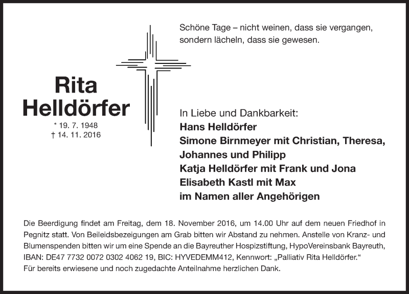  Traueranzeige für Rita Helldörfer vom 16.11.2016 aus Nordbayerische Nachrichten Pegnitz Lokal