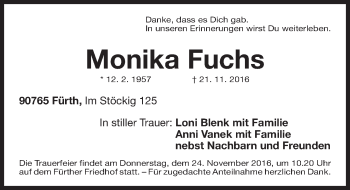 Traueranzeige von Monika Fuchs von Fürther Nachrichten Lokal