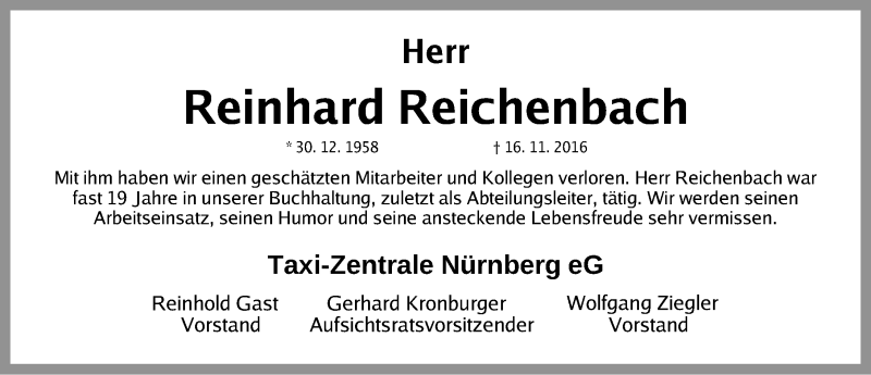  Traueranzeige für Reinhard Reichenbach vom 21.11.2016 aus Gesamtausgabe Nürnberger Nachrichten/ Nürnberger Ztg.