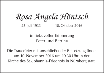 Traueranzeige von Rosa Angela Höntsch von Gesamtausgabe Nürnberger Nachrichten/ Nürnberger Ztg.