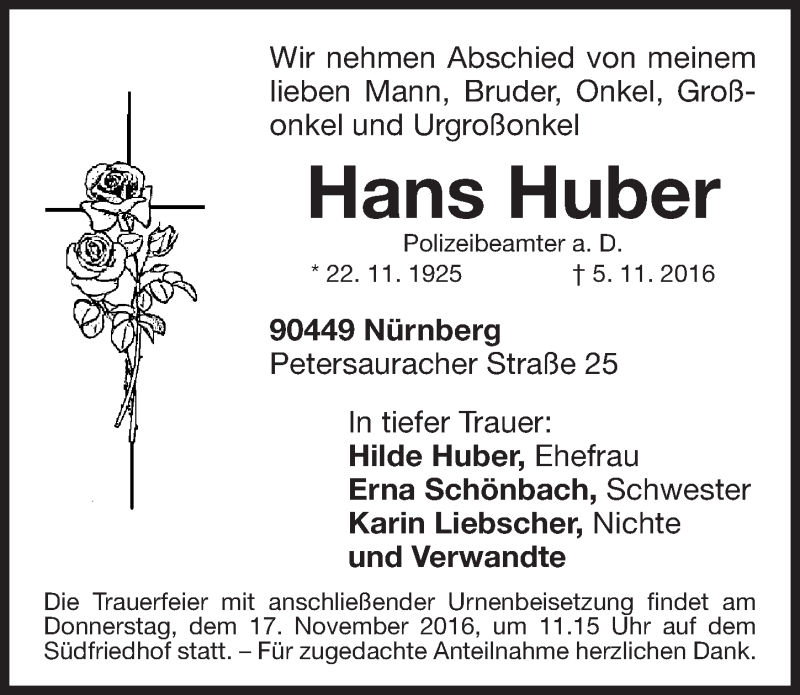  Traueranzeige für Hans Huber vom 12.11.2016 aus Gesamtausgabe Nürnberger Nachrichten/ Nürnberger Ztg.