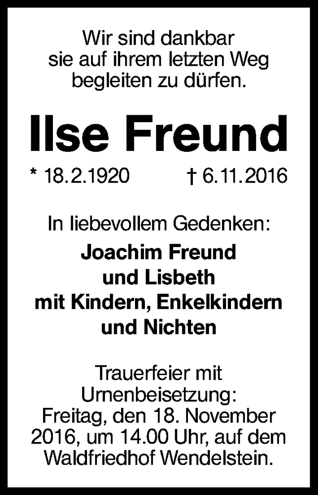  Traueranzeige für Ilse Freund vom 16.11.2016 aus Schwabach