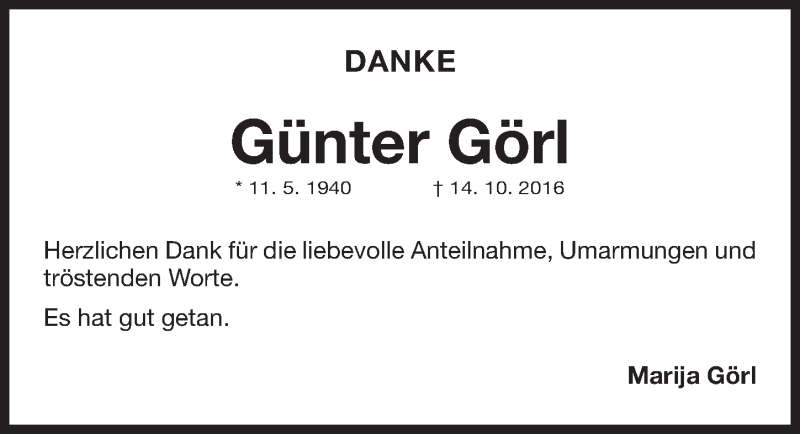  Traueranzeige für Günter Görl vom 03.11.2016 aus Gesamtausgabe Nürnberger Nachrichten/ Nürnberger Ztg.