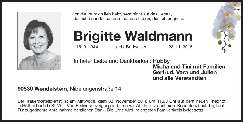  Traueranzeige für Brigitte Waldmann vom 28.11.2016 aus Gesamtausgabe Nürnberger Nachrichten/ Nürnberger Ztg.