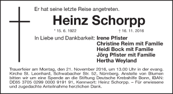 Traueranzeige von Heinz Schorpp von Gesamtausgabe Nürnberger Nachrichten/ Nürnberger Ztg.