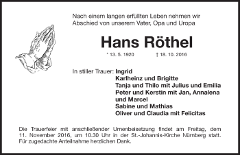 Traueranzeige von Hans Röthel von Gesamtausgabe Nürnberger Nachrichten/ Nürnberger Ztg.