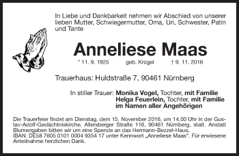 Traueranzeige von Anneliese Maas von Gesamtausgabe Nürnberger Nachrichten/ Nürnberger Ztg.
