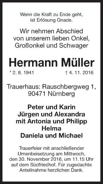 Traueranzeige von Hermann Müller von Gesamtausgabe Nürnberger Nachrichten/ Nürnberger Ztg.