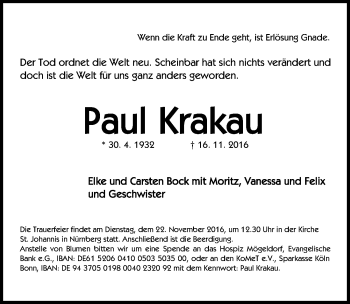Traueranzeige von Paul Krakau von Gesamtausgabe Nürnberger Nachrichten/ Nürnberger Ztg.