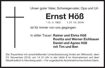 Traueranzeige von Ernst Höß von Gesamtausgabe Nürnberger Nachrichten/ Nürnberger Ztg.