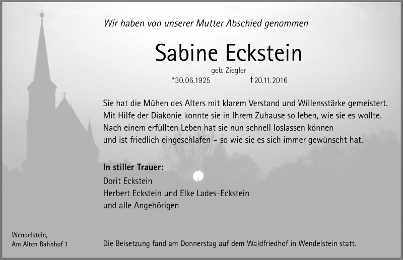  Traueranzeige für Sabine Eckstein vom 26.11.2016 aus Schwabach