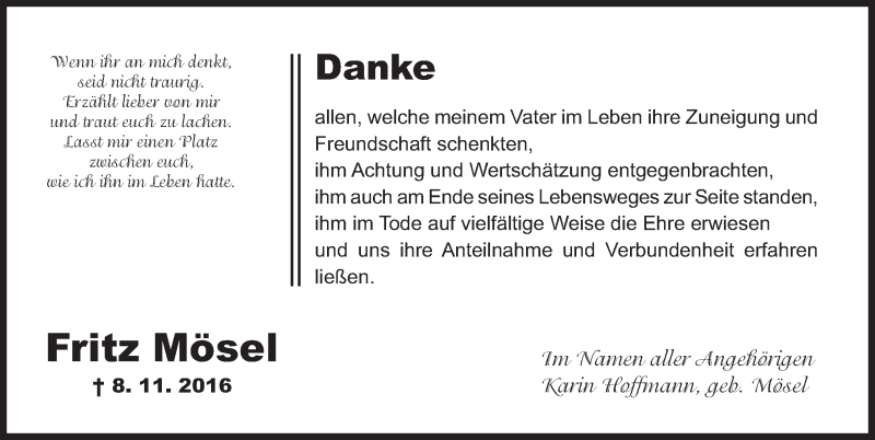  Traueranzeige für Fritz Mösel vom 30.11.2016 aus Gesamtausgabe Nürnberger Nachrichten/ Nürnberger Ztg.