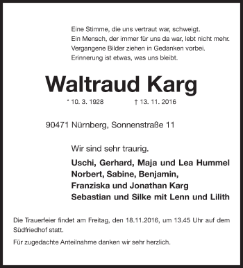 Traueranzeige von Waltraud Karg von Gesamtausgabe Nürnberger Nachrichten/ Nürnberger Ztg.