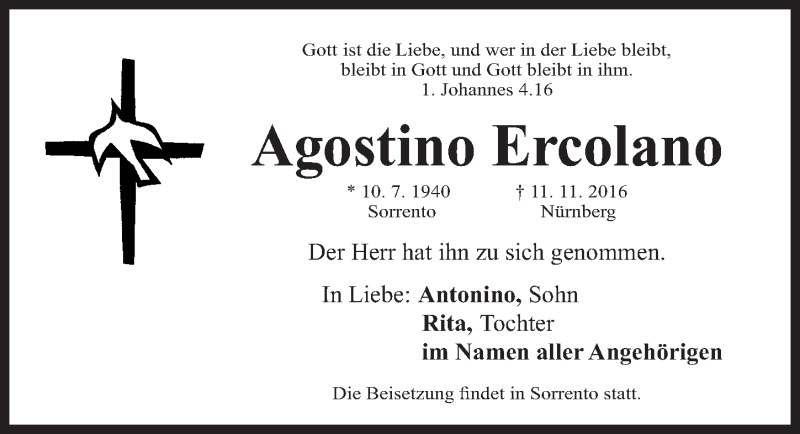  Traueranzeige für Agostino Ercolano vom 19.11.2016 aus Gesamtausgabe Nürnberger Nachrichten/ Nürnberger Ztg.