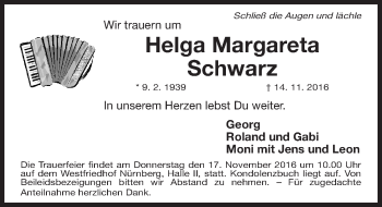 Traueranzeige von Helga Margareta Schwarz von Gesamtausgabe Nürnberger Nachrichten/ Nürnberger Ztg.