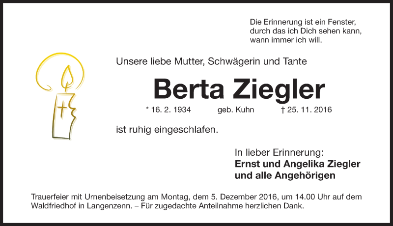  Traueranzeige für Berta Ziegler vom 30.11.2016 aus Fürther Nachrichten Lokal