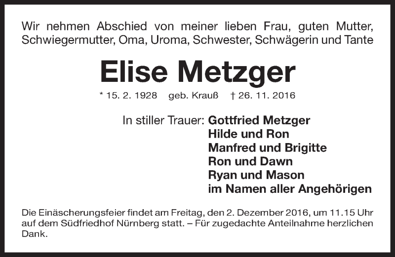  Traueranzeige für Elise Metzger vom 30.11.2016 aus Gesamtausgabe Nürnberger Nachrichten/ Nürnberger Ztg.