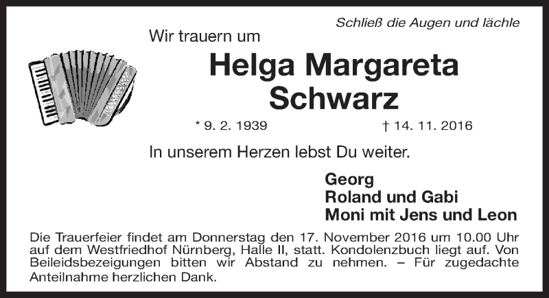  Traueranzeige für Helga Margareta Schwarz vom 16.11.2016 aus Gesamtausgabe Nürnberger Nachrichten/ Nürnberger Ztg.