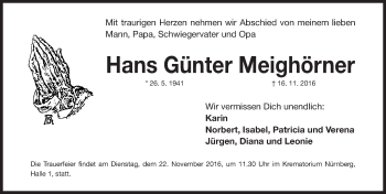 Traueranzeige von Hans Günter Meighörner von Gesamtausgabe Nürnberger Nachrichten/ Nürnberger Ztg.