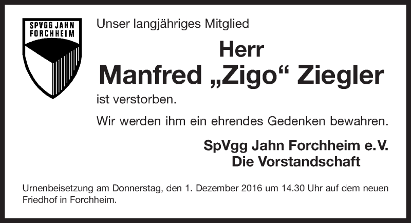  Traueranzeige für Manfred Ziegler vom 29.11.2016 aus Nordbayerische Nachrichten Forchheim Lokal