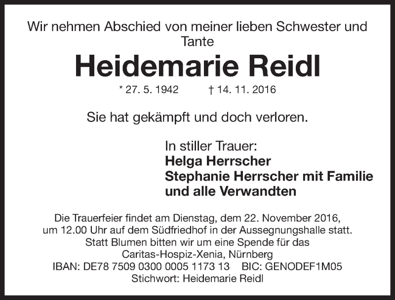  Traueranzeige für Heidemarie Reidl vom 19.11.2016 aus Gesamtausgabe Nürnberger Nachrichten/ Nürnberger Ztg.