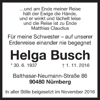 Traueranzeige von Helga Busch von Gesamtausgabe Nürnberger Nachrichten/ Nürnberger Ztg.