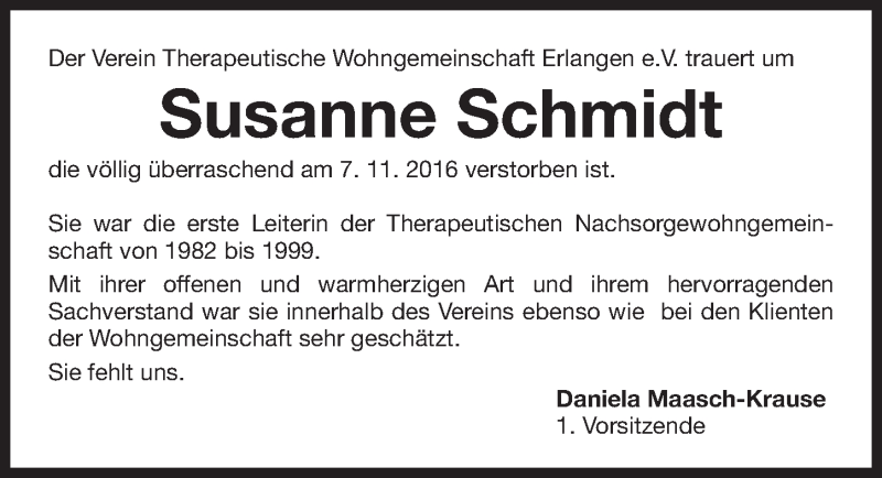  Traueranzeige für Susanne Schmidt vom 11.11.2016 aus Erlanger Nachrichten Lokal