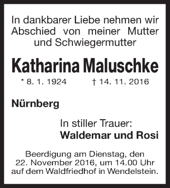 Traueranzeige von Katharina Maluschke von Gesamtausgabe Nürnberger Nachrichten/ Nürnberger Ztg.