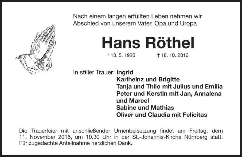 Traueranzeige für Hans Röthel vom 09.11.2016 aus Gesamtausgabe Nürnberger Nachrichten/ Nürnberger Ztg.